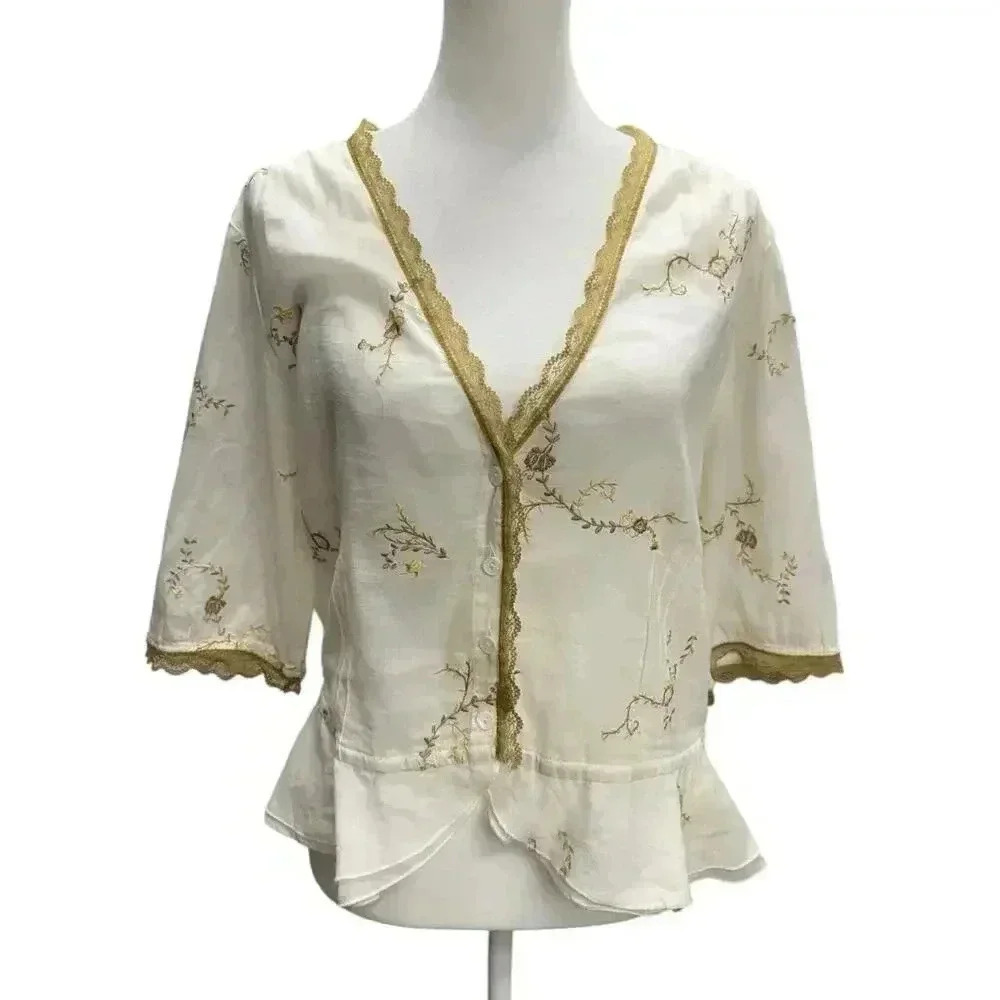 Feminine Light Cotton Deep V Short Sleeve Embroidered Button Closure Scalloped - Picture 3 of 15